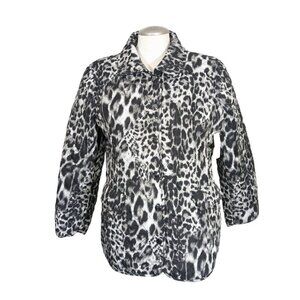 Chicos New Womens Jacket Black Gray Cheetah Quilted Snap Button Coat Size 2P MP